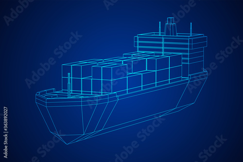 Heavy dry cargo ship of bulk carrier with freight containers. Wireframe low poly mesh vector illustration.
