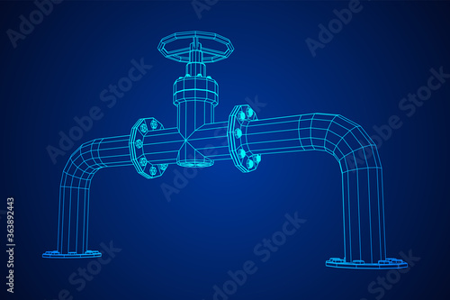 Oil pipeline with valve business concept. Finance economy polygonal petrol production. Petroleum fuel industry transportation line. Wireframe low poly mesh vector illustration.