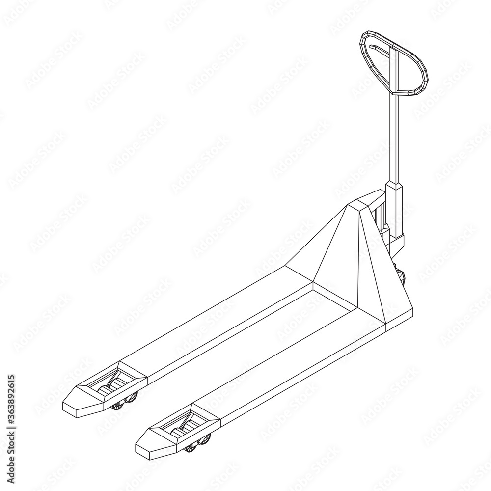 Hand pallet jack lift. Manual forklift. Logistics shipping concept. Wireframe low poly mesh vector illustration.