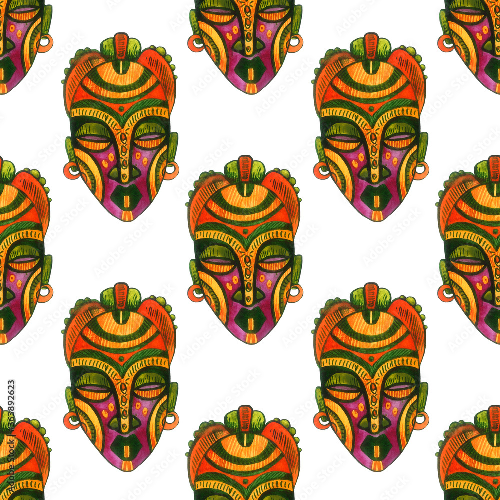 African traditional ornamental pattern. Seamless pattern on white background. Watercolor illustration. African traditional ornamental pattern. Seamless pattern on white background. Watercolor illustration.