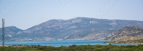 landscape of distant mountains and a see and a green plants,outside athens in Greece in a day of august