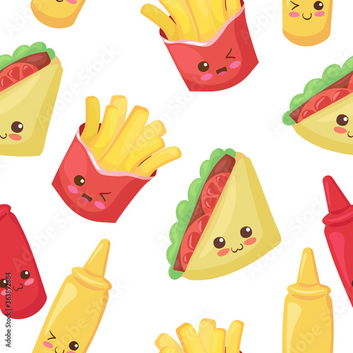 Funny fast food characters seamless pattern. Happy smiling food mascot vector illustration isolated on white background. Wrapping paper, postcard concept. French fries, sandwiches, ketchup, mustard.