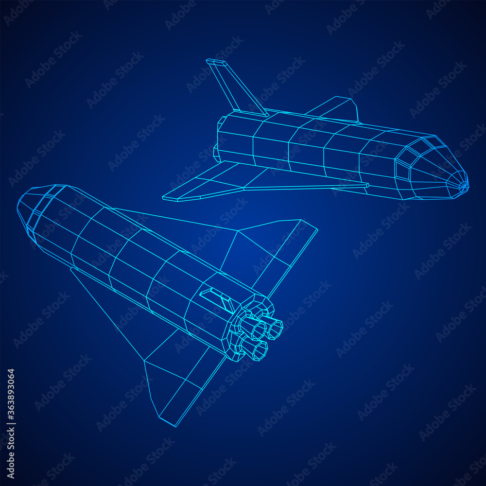 Space ship shuttle. Wireframe low poly mesh vector illustration.