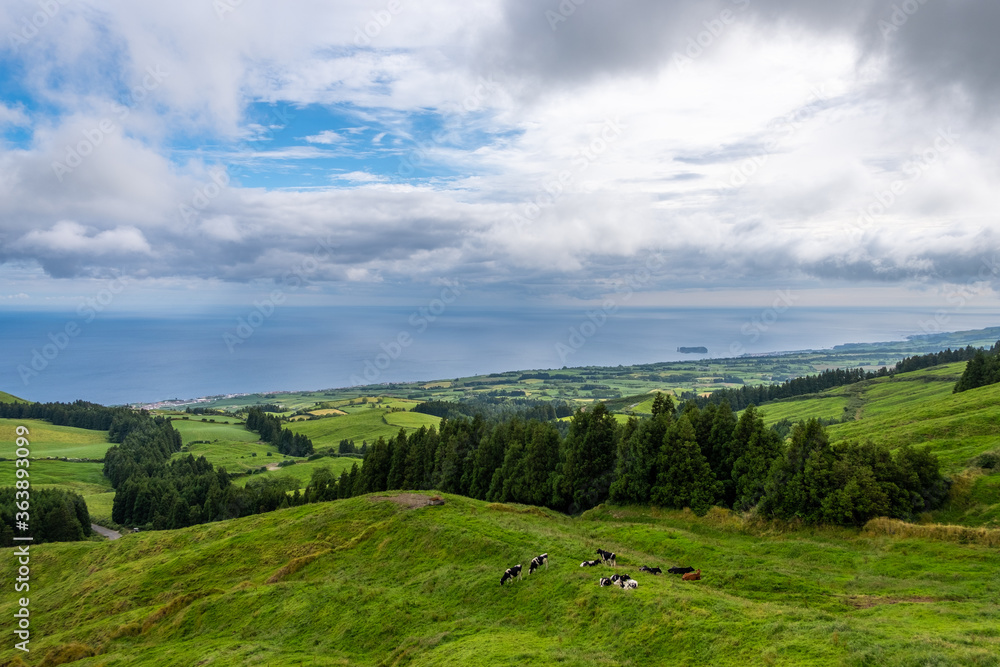 View to the landscape of the island of São Miguel with the ocean and the Islet of Vila Franca do Campo as background, Azores, Portugal.