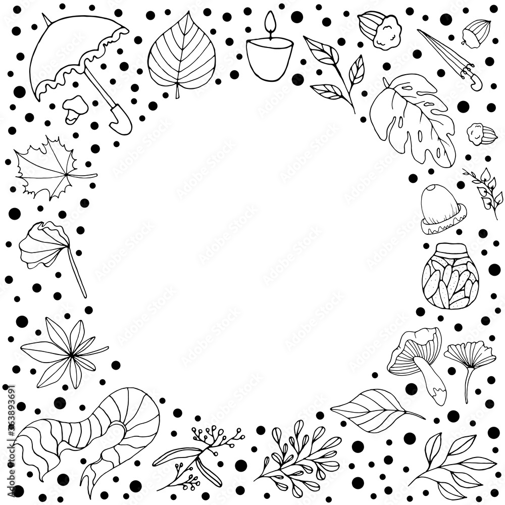 Autumn. Doodle style. Vector file. White background. Set with elements of the autumn concept. Vector isolated illustration with acorn, plants, branches, umbrellas, hat, scarf. 