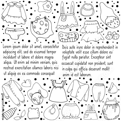 Clothes. Dresses, shorts, hats, children's bags, toys on a white background.Doodle style.  Vector isolated illustration with booties, sweatshirts.  Vector file. 