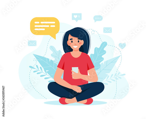 Young happy woman using smartphone Vector illustration in flat style