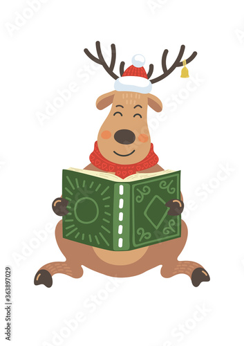 Cute Christmas deer reading book on white background. Christmas, New Year greeting vector illustration for educational projects.