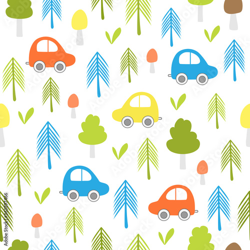Cute seamless pattern with cars driving through the colorful forest with funny trees and mushrooms. Summer family journey on small automobiles. Vector illustration on white background