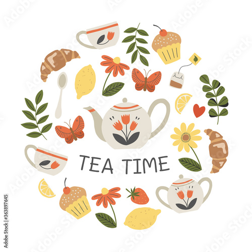 Tea time. Teapot, cups, garden flowers and desserts. Summer picnic concept. Vector illustration.