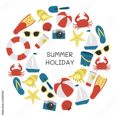 Summer holiday. Print with beach elements. Vector illustration.
