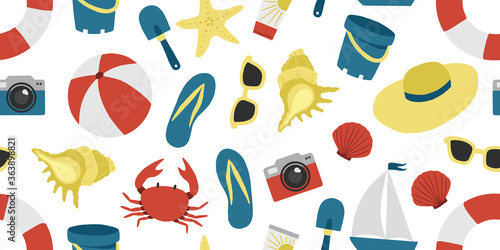 Seamless pattern with beach elements. Summer holidays background. Vector illustration.