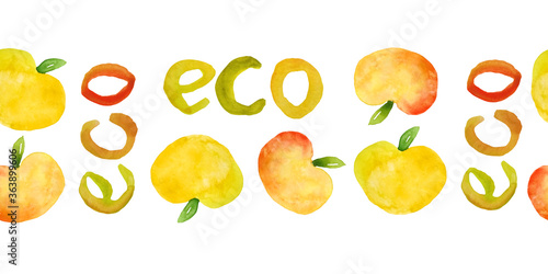 Watercolor hand drawn seamless horizontal border food packaging with apples fruit peaches and words eco lettering letters. For organic healthy ecological concept, natural food labels. Illustration