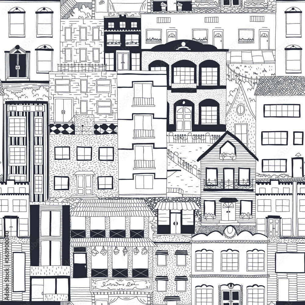 Seamless vector pattern with houses. Hand drawn digital illustration in black and white.
