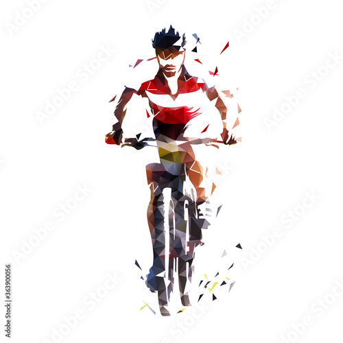 MTB cycling logo. Cyclist on bike, front view geometric low poly vector illustration
