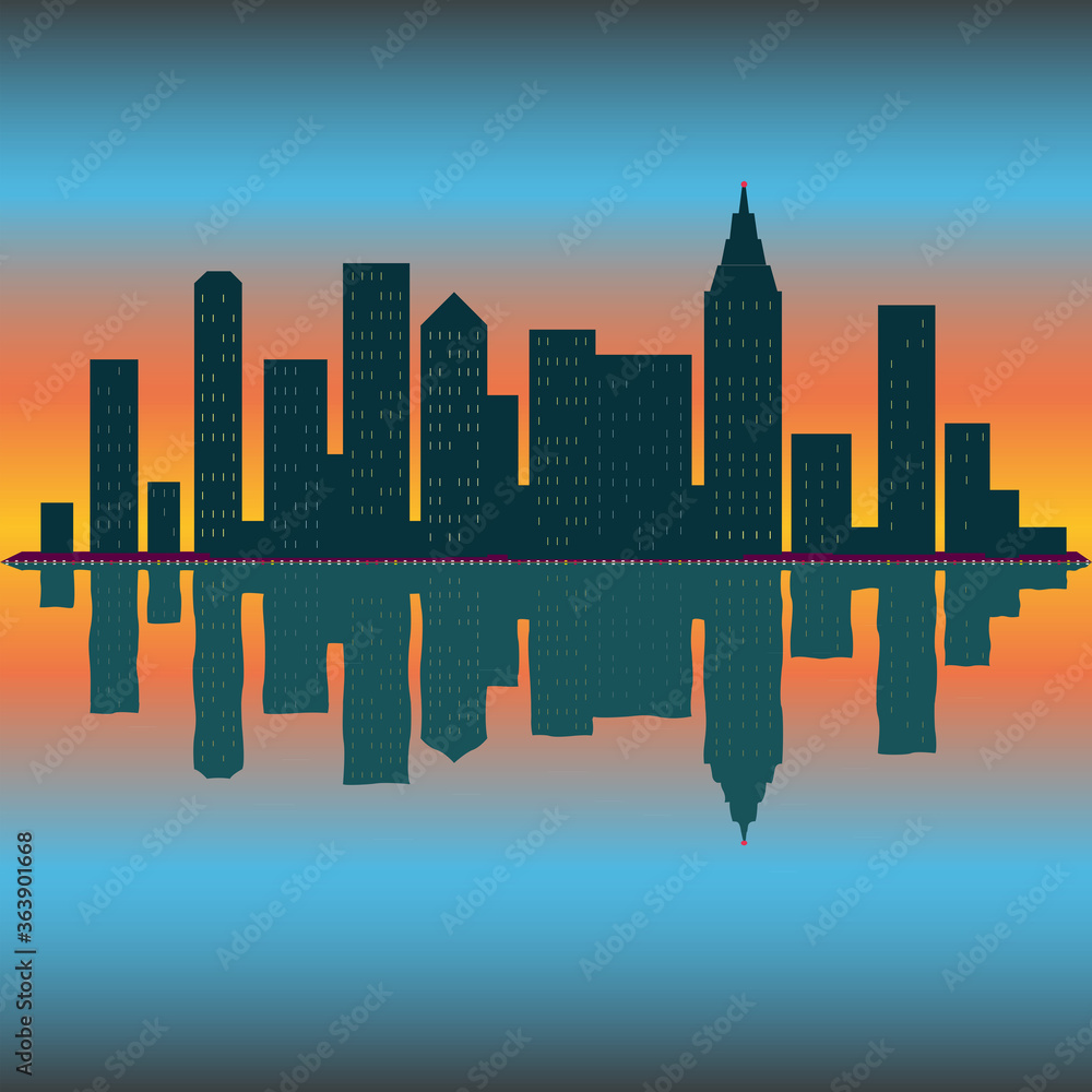 Skyline wallpaper with skyscrapers in sunset or sunrise. Eps10 vector illustration.
