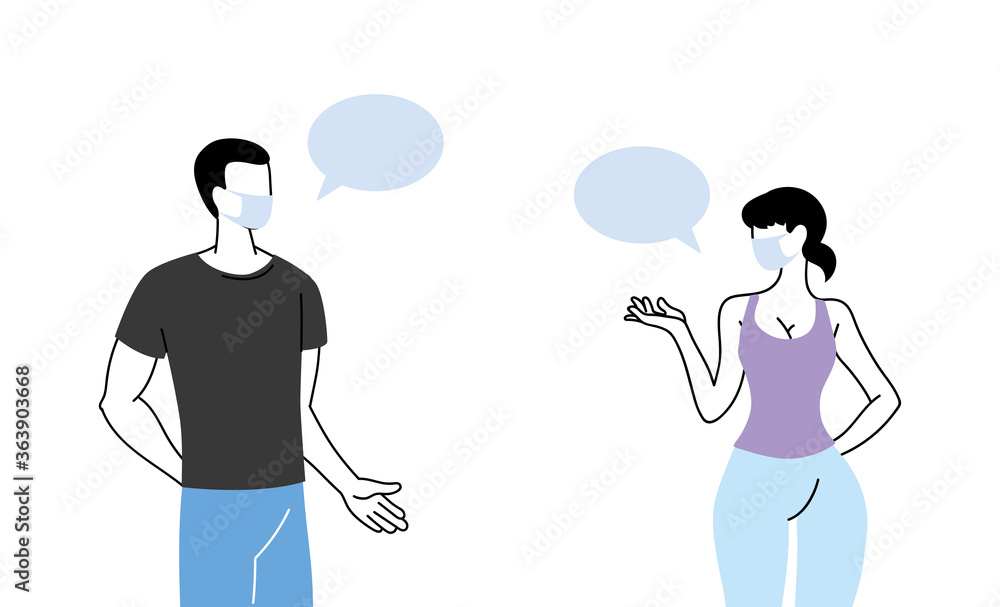 couple with mask talking by bubble couple with mask talking by bubble