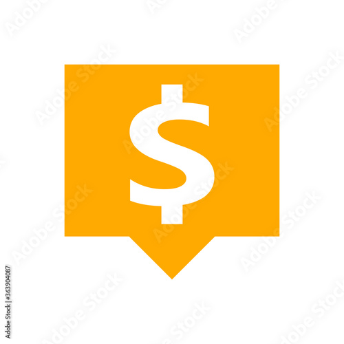 dollar currency symbol in speech bubble square shape for icon, orange dollar money for app symbol isolated on white, currency digital dollar icon for financial concept