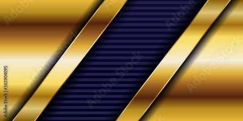 Luxury navy blue overlap background with realistic gold line and hexagon on shiny golden