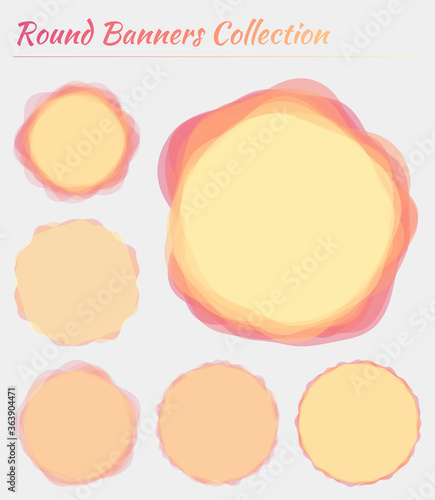 Round labels. Circular backgrounds in pink yellow colors. Trendy vector illustration.