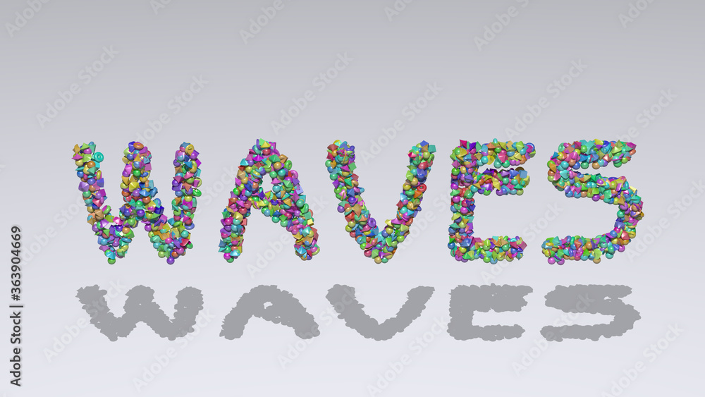 Colorful 3D writting of WAVES text with small objects over a white background and matching shadow. abstract and illustration