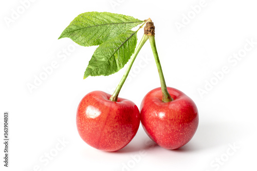 Two perfect sweet cherries with cherry leaf isolated on a white background.