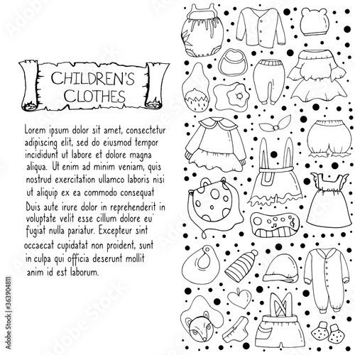 Clothes.Vector isolated illustration with booties, sweatshirts, dresses, shorts, hats, children's bags, toys. White background.  Doodle style. Vector file.  