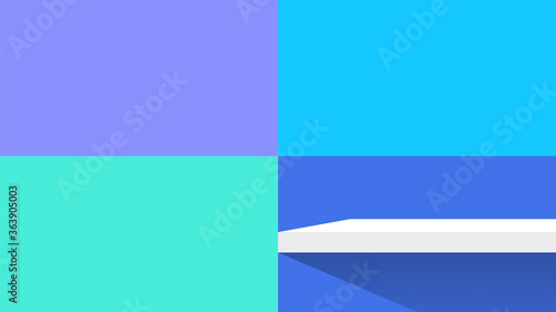 colorful wall mosaic tiles and plank shelf white for product display, simple wall square pattern and table shelves shelf for cosmetics, wall pastel soft, table plank on colorful square shape and chic