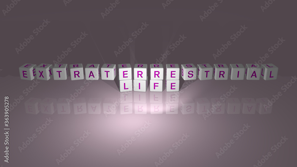 shiny EXTRATERRESTRIAL LIFE built by cubic letters from the top perspective, excellent for the concept presentation in 3D illustration. alien and background shiny EXTRATERRESTRIAL LIFE built by cubic letters from the top perspective, excellent for the concept presentation in 3D illustration. alien and background