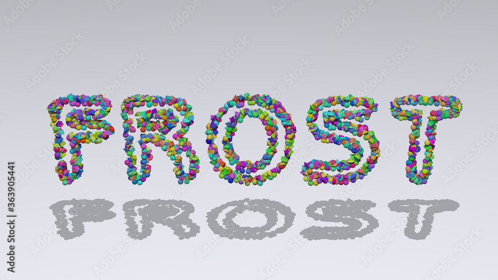 Colorful 3D writting of frost text with small objects over a white background and matching shadow. winter and cold Colorful 3D writting of frost text with small objects over a white background and matching shadow. winter and cold