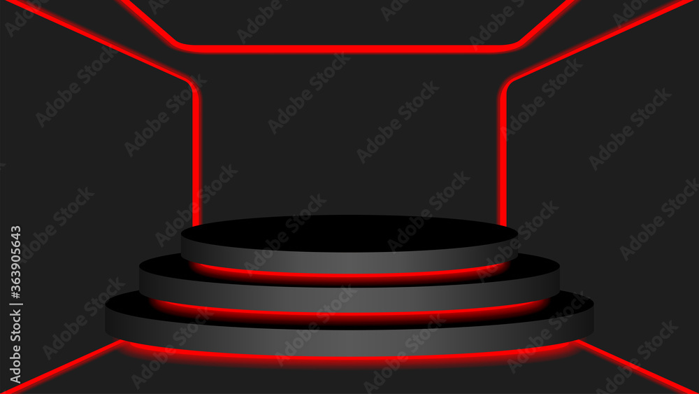 black circle pedestal 3d and red light neon lamp glowing, cosmetics display modern and led light, podium stage show for position decor red fluorescent glow light, pedestal box for product place
