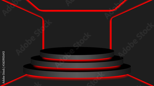 black circle pedestal 3d and red light neon lamp glowing, cosmetics display modern and led light, podium stage show for position decor red fluorescent glow light, pedestal box for product place
