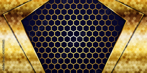 Luxury navy blue overlap background with realistic gold line and hexagon on shiny golden