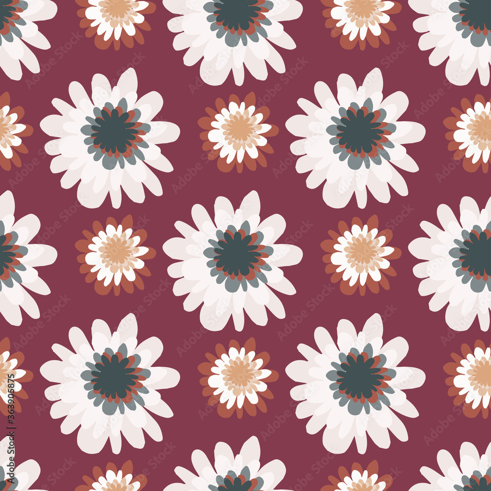 Colorful small and middle flowers on burgundy background. Seamless creative pattern.