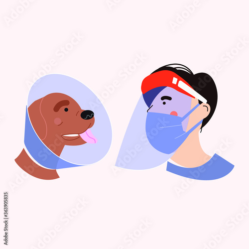 Protective screen for the face of the human figure. Plastic mask to protect the face. Dog with a protective collar