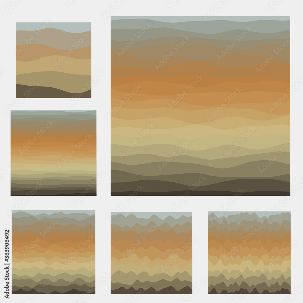Abstract waves background collection. Curves in black green brown colors. Charming vector illustration.
