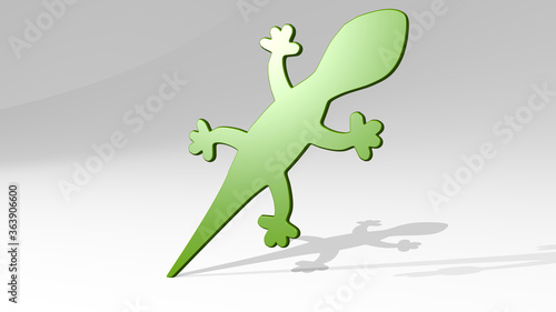 lizard stand with shadow. 3D illustration of metallic sculpture over a white background with mild texture. animal and green