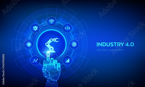 Smart Industry 4.0 concept. Factory automation. Autonomous industrial technology. Industrial revolutions steps. Robotic hand touching digital interface. Vector illustration.