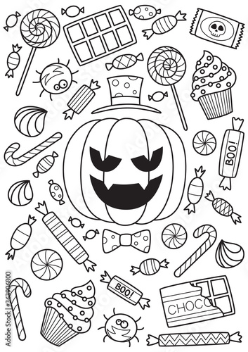 Halloween pumpkin and candies doodle coloring book page. Antistraess for adults