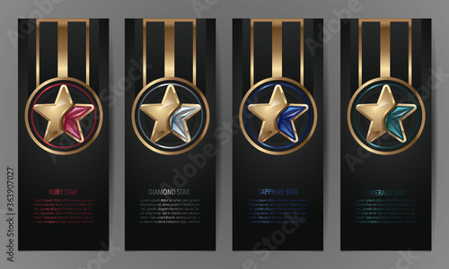 Set of black banners, Ruby,Diamond,sapphire,emerald star, Vector illustration