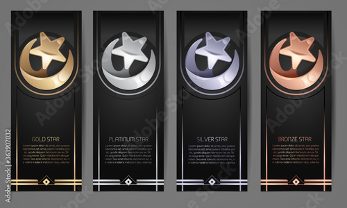 Set of black banners, Gold, platinum,silver and bronze star, Vector illustration