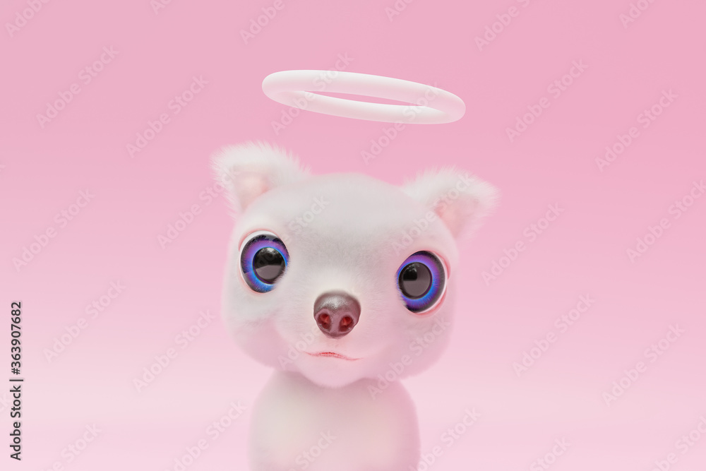 Angel dog white color on a soft pink background. 3D Render. Angel dog white color on a soft pink background. 3D Render.