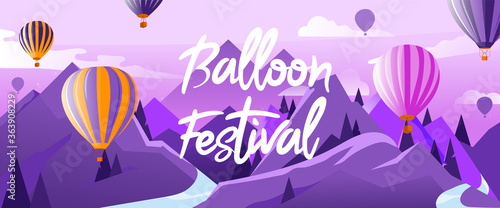 Concept Of Hot Air Balloons Festival. Many Hot Air Balloons In The Air Flying Above Mountains In Summer. Calm And Tranquility. Colorful Balloons and Cloud in The Sky. Cartoon Flat Vector Illustration
