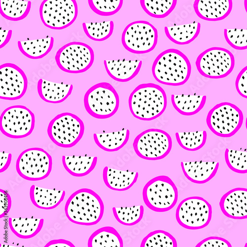 Dragon fruit seamless pattern. Pitaya exotic summer pink background. Pitaya slices tropical texture. Colorful juicy vector wallpaper. Hand drawn flat illustration.