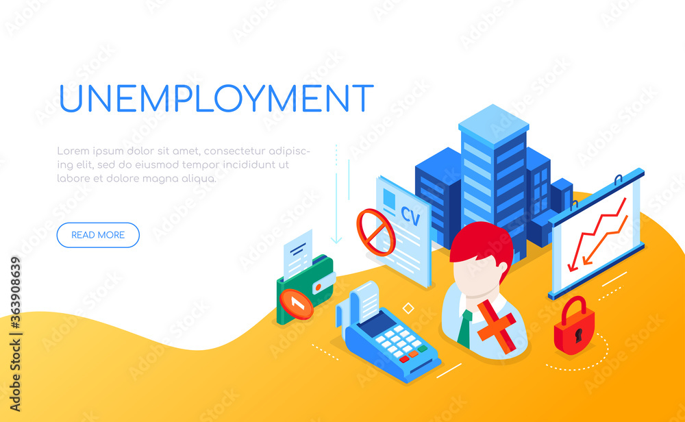 Unemployment and crisis - modern colorful isometric web banner Unemployment and crisis - modern colorful isometric web banner