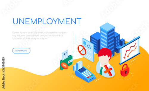 Unemployment and crisis - modern colorful isometric web banner