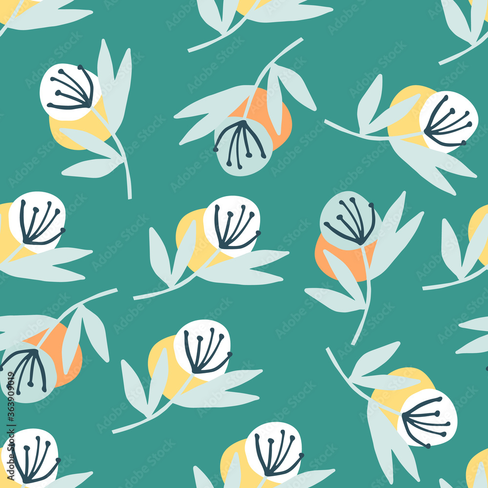 Random bright seamless pattern with blue dandelion and orange and yellow circles. Azure background. Random bright seamless pattern with blue dandelion and orange and yellow circles. Azure background.