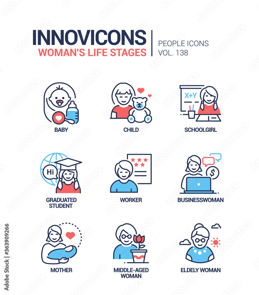 Life stages of a woman - line design style icons set
