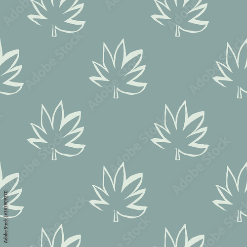 Seamless pattern with outline white cannabis leaves on pastel blue background. Marijuana outline silhouette backdrop.