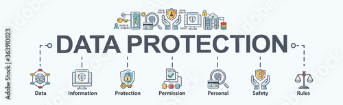 Data protection banner web icon for personal privacy, data storage, information, protection, permission, rules, safety and cyber security. Minimal vector infographic.
